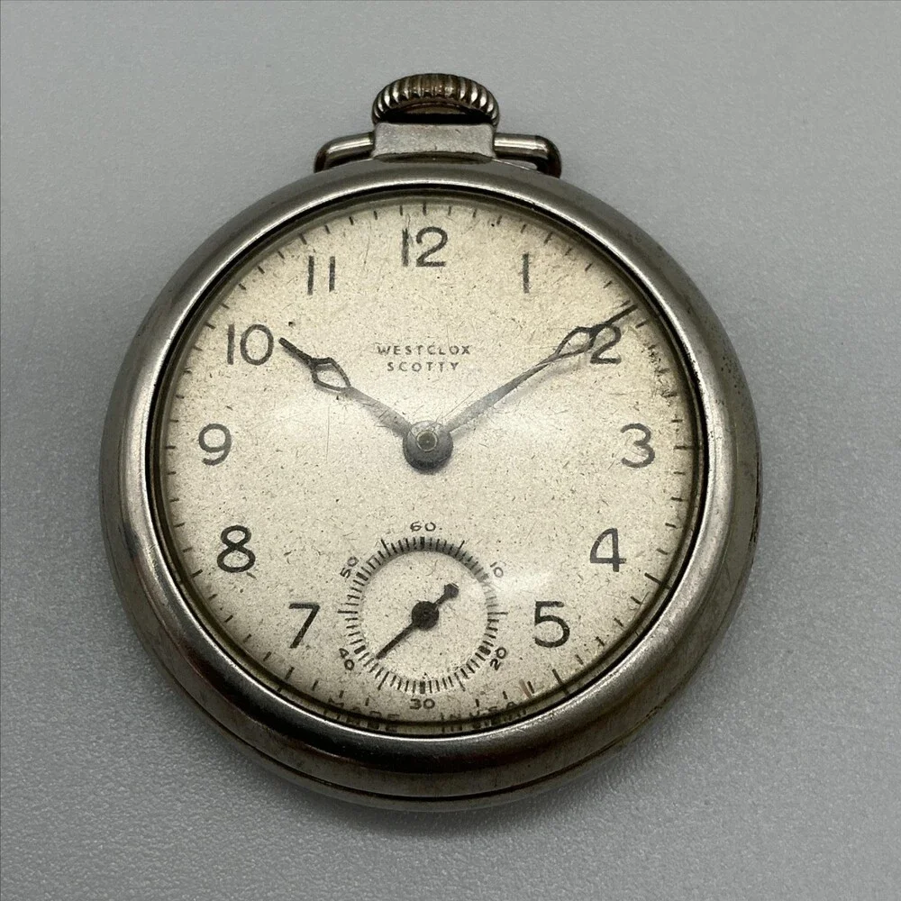 Vintage Westclox Scotty Pocket Watch Men 50mm Silver Tone White Dial Manual Wind